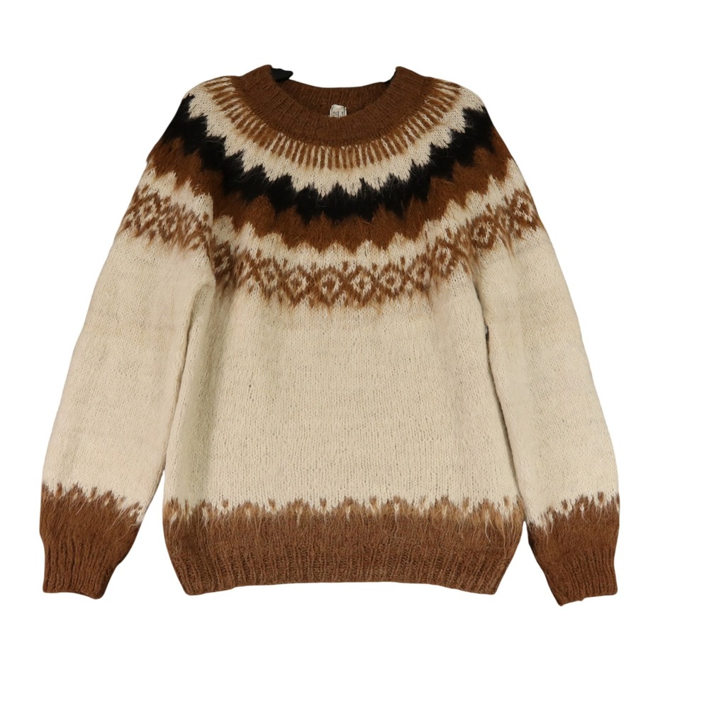 Vintage Alpaca Wool Icelandic Nordic Fair Isle Sweater Womens M Brown Hand Knit